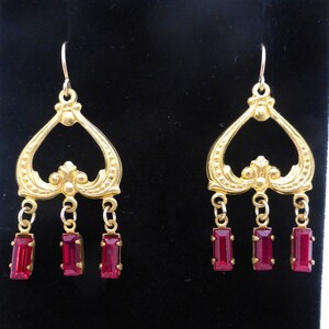 Vintage 1930&#39;s Brass Chandelier Earrings with Red Rectangular Crystal Drops