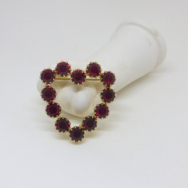 Vintage 1950's Gold Red Rhinestone Open Heart Pin