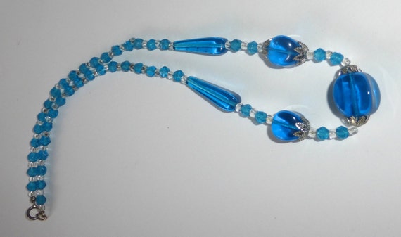 Vintage 1950's Blue and Crystal Glass Beaded Neck… - image 5