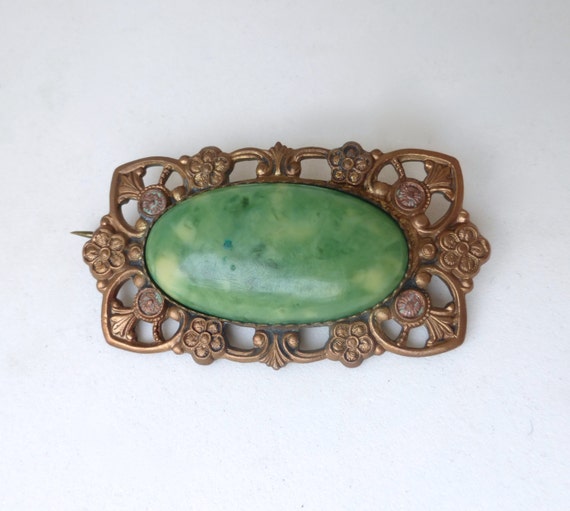 Vintage 1930's Oval Green Celluloid Floral Pierce… - image 3