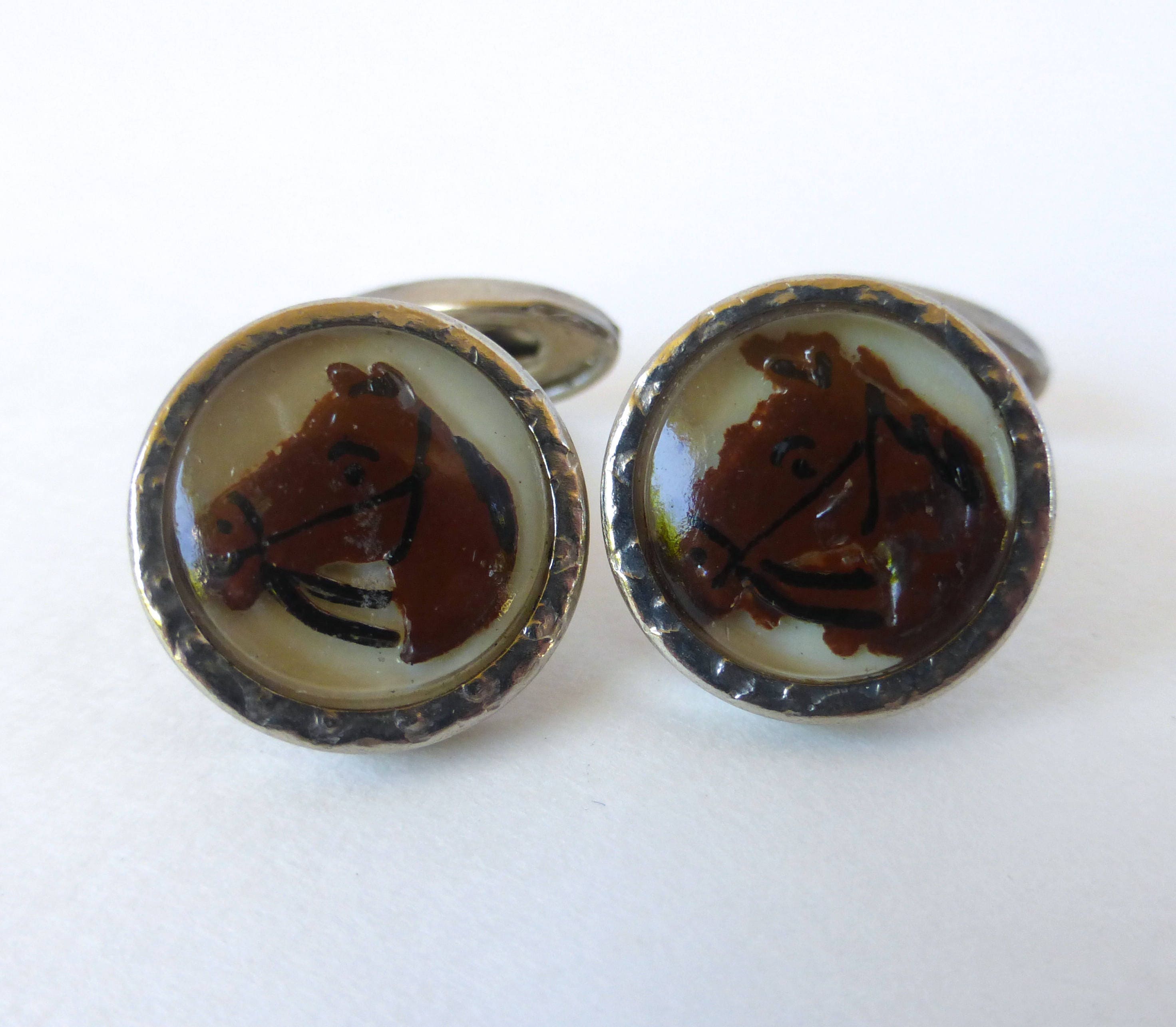 BOUTONS DE MANCHETTE ANCIENS ART DÉCO EN LAITON AVEC CRISTAL - THÈME ÉQUESTRE