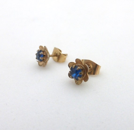 Vintage Gold and Blue Crystal Daisy Flower Post E… - image 3