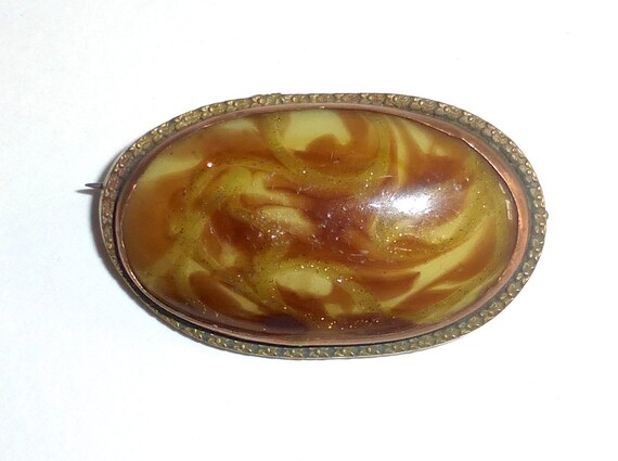 Vintage 1930's Yellow/Brown Swirl Oval Art Glass … - image 3