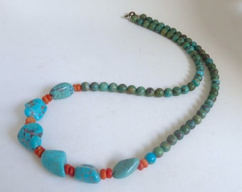 1970's Vintage Turquoise and Coral Long Beaded Boho Necklace