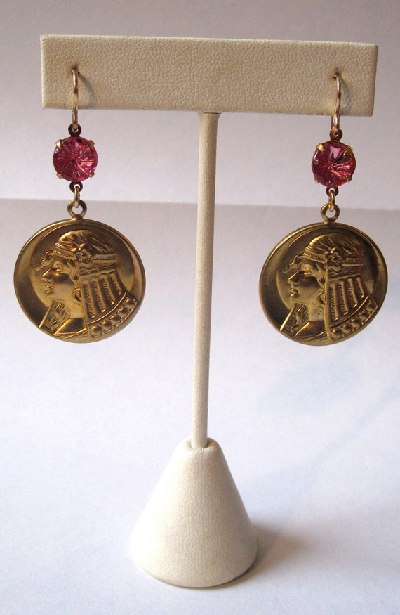 Vintage 1950's Egyptian Revival Brass Earrings wi… - image 2