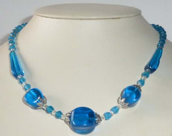 Vintage 1950's Blue and Crystal Glass Beaded Neck… - image 1