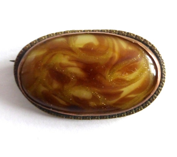 Vintage 1930's Yellow/Brown Swirl Oval Art Glass … - image 5