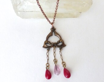 Repurposed Vintage 1970's Art Nouveau Revival Pierced Floral Pendant Necklace with Lucite Drops