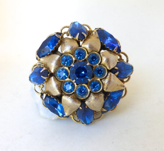 Vintage 1950's Gold Floral Blue Rhinestone Crysta… - image 1