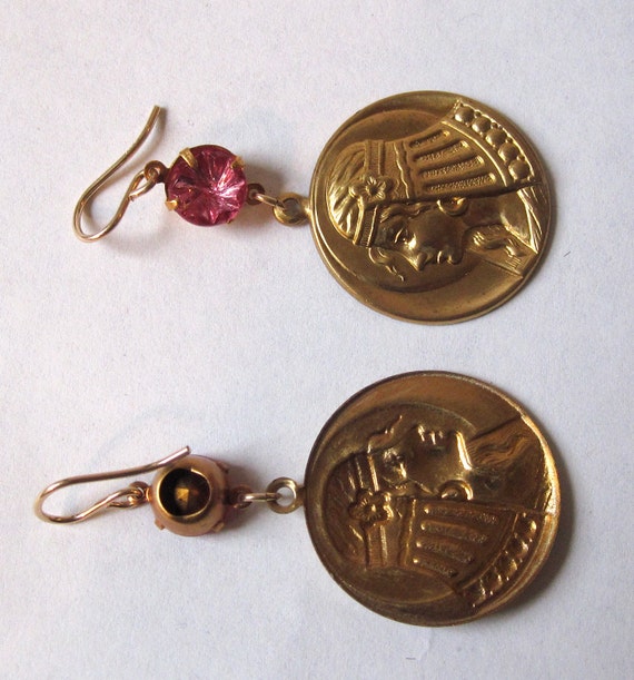 Vintage 1950's Egyptian Revival Brass Earrings wi… - image 5