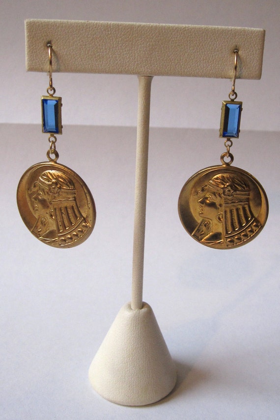 Vintage 1950's Egyptian Revival Brass Earrings wi… - image 2