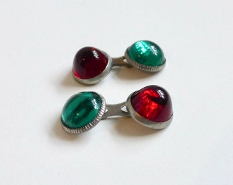 Repurposed Vintage Men's 1930's Red & Green Glass Cabochon Bullet Cufflinks