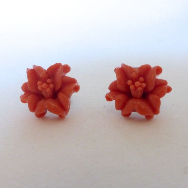 1950's Repurposed Vintage Molded Coral Lucite Lily Flower Post Earrings