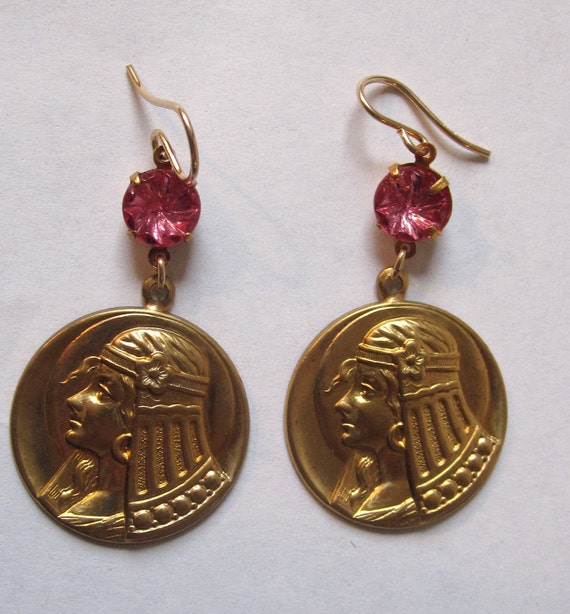 Vintage 1950's Egyptian Revival Brass Earrings wi… - image 1