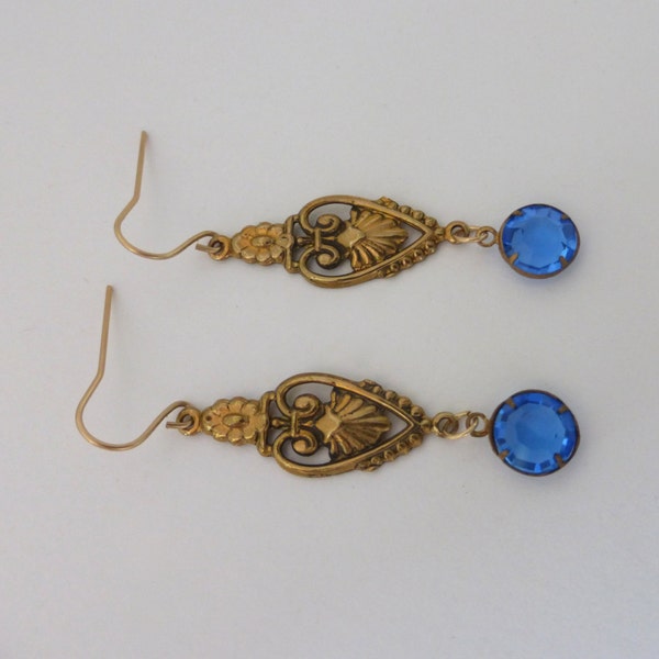 Vintage 1930's Long Floral Pierced Brass Earrings with Blue Glass Gem