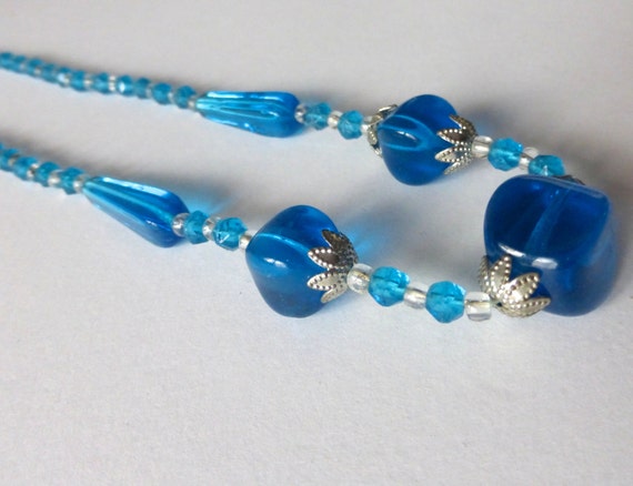 Vintage 1950's Blue and Crystal Glass Beaded Neck… - image 2