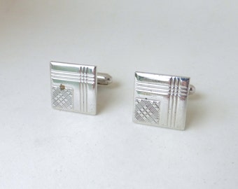 Men's 1950's Deco Plaid Square Silver Cufflinks