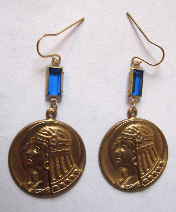 Vintage 1950's Egyptian Revival Brass Earrings wi… - image 1