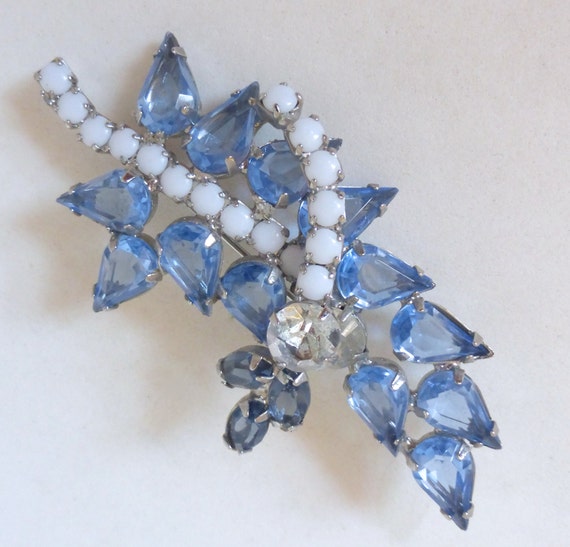 Vintage 1950's Blue Teardrop and White Rhinestone… - image 1