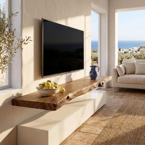 Puede incluir: Un televisor montado en la pared sobre un estante flotante de madera natural con borde irregular. Un cuenco blanco lleno de limones amarillos se encuentra en el estante junto a una pequeña jarra de cerámica azul y blanca. El estante está en la pared.