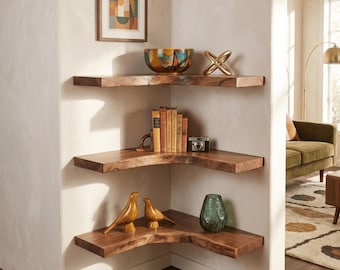 Live Edge Corner Shelf, Solid Wooden Floating Shelves, Farmhouse Wall Decor, Handmade Natural Wood Furniture, Rustic Corner Storage