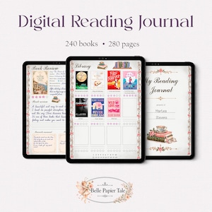 Puede incluir: Un diario de lectura digital mostrado en tres pantallas de tableta. El texto dice Digital Reading Journal, 240 books, 280 pages, Book Review, Library, My Reading Journal, property of Martina Stevens y Belle Papier Tale.
