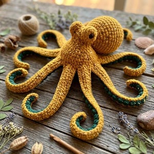 May include: A crocheted octopus toy featuring a mustard yellow exterior and a dark teal interior on its eight curled tentacles. The octopus has a rounded head and two small dark eyes. The yarn texture is visible throughout the entire structure.