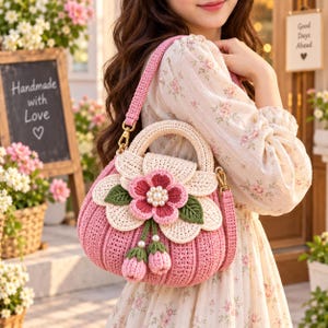 May include: A pink crocheted handbag featuring a large cream and pink flower applique with a pearl centre, two green leaf accents, and two dangling pink flower buds. The bag has a textured ribbed body, a sturdy handle, and a detachable shoulder strap.