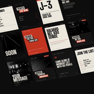May include: A collection of twelve rectangular event posters arranged in a grid on a black background. The designs feature a minimalist aesthetic with a color palette of black, white, and red, utilizing bold sans-serif typography and text.