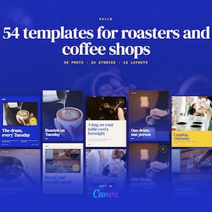 May include: A digital collection of 54 templates for roasters and coffee shops, featuring 30 posts, 24 stories, and 12 layouts. The blue background displays the text 54 templates for roasters and coffee shops, with various coffee-themed imagery.