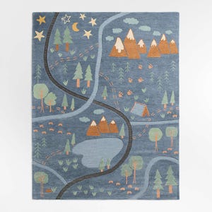 Navy Blue Adventure Map Wool Area Rug, Hand Tufted Kids Night Sky Forest Play Carpet 8x10, 5x8, 6x9, Woodland Camping Nursery Playroom Rug