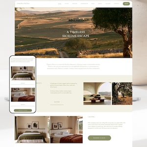 May include: A website design template for Squarespace 7.1 titled Dimora Pietra, featuring a hero image of a Sicilian landscape, navigation menus, text sections describing a countryside retreat, and images of bedroom suites with olive and terracotta bedding.