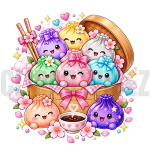May include: A digital illustration of colourful, smiling dumpling characters with bows, arranged in a wooden bamboo steamer basket. The scene includes a small bowl of dark sauce, pink cherry blossoms, floating hearts, and two wooden chopsticks.