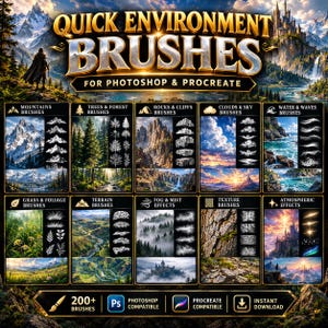 May include: A digital collection titled QUICK ENVIRONMENT BRUSHES FOR PHOTOSHOP & PROCREATE featuring ten categorised panels of landscape elements including mountains, trees, rocks, clouds, water, grass, terrain, fog, textures, and atmospheric effects.