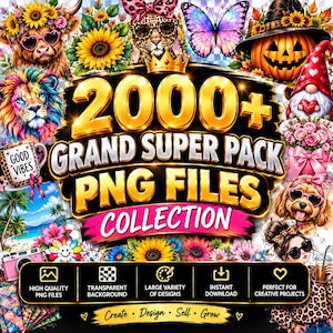 May include: A digital collection of 2000+ PNG files featuring diverse graphics including a highland cow, leopard, butterfly, jack-o'-lantern, gnome, lion, tropical beach, camera, and flowers with gold text reading 2000+ GRAND SUPER PACK PNG FILES COLLECTION.
