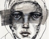 Charcoal portrait drawing, mixed media black and white, acrylic paint young face art, original monochrome portraiture on paper