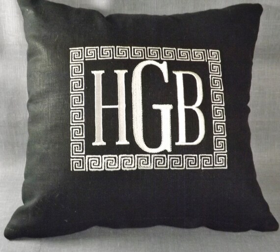 Items similar to Embroidered Pillow with Monogrammed Square Greek Key