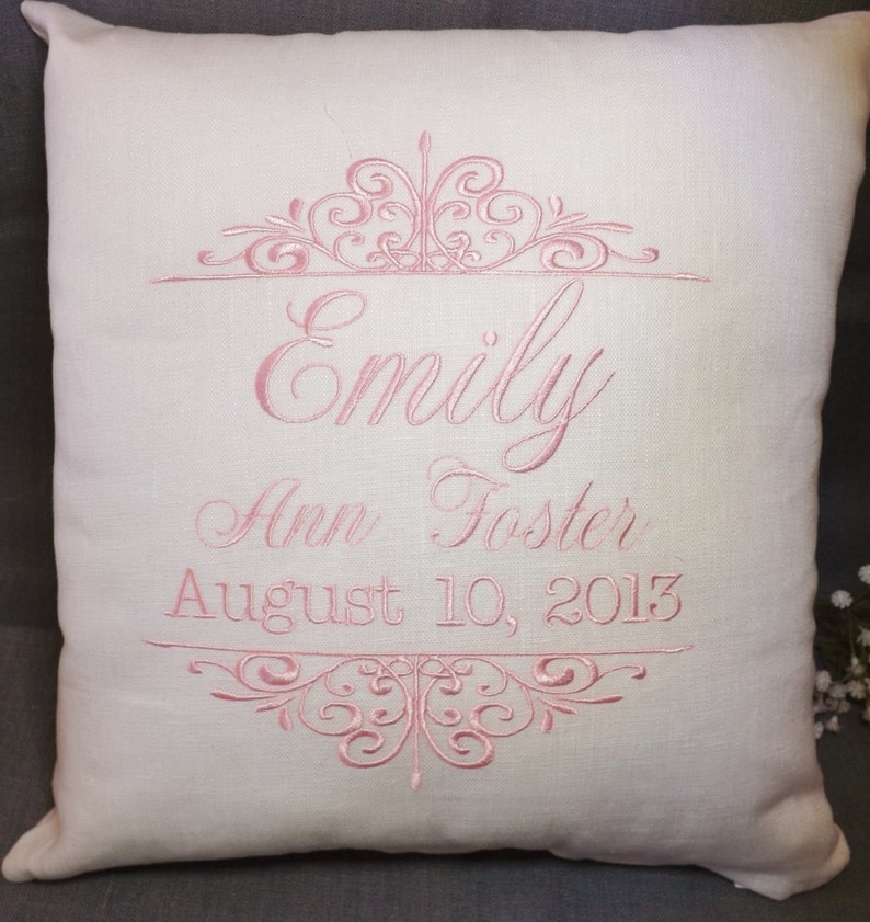 embroidered birth announcement pillow