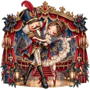 Peut inclure: Un soldat casse-noisette en uniforme bleu et rouge dansant avec une ballerine en robe bleue et blanche. Ils sont placés devant une scène avec des rideaux rouges, un cadre doré orné, un sapin de Noël et deux lanternes allumées.