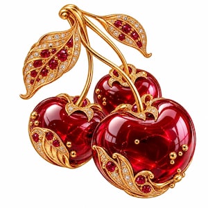 Könnte beinhalten: Eine goldene Brosche in Form von drei Kirschen mit tiefroten, durchscheinenden Früchten. Die Stiele und Blätter sind aus Gold gefertigt und mit kleinen klaren weißen Steinen sowie leuchtend roten Steinen besetzt.