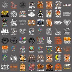 May include: A collection of graphic designs featuring anti-bullying and kindness themes, including illustrations of smiley faces, rainbows, ninjas, bees, hearts, and text slogans like Be Kind, Unity Day, and Choose Kindness on a dark gray background.