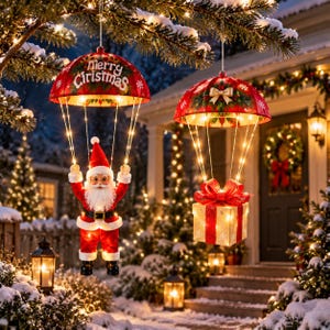 Decorazioni natalizie da esterno: Babbo Natale con paracadute, luci a LED da appendere per veranda, finestra e giardino, con telecomando.