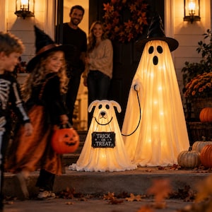 May include: A tall, illuminated white ghost figure wearing a black witch hat, holding a leash attached to a smaller, illuminated white ghost dog. The dog wears a black sign with white text that reads TRICK OR TREAT. Both figures glow.