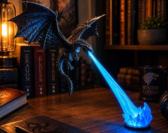 Drachenlampe, feuerspeiendes Nachtlicht, gotische Fantasy-Schreibtischdeko, Bücherregal- oder Schlafzimmerstatue, Geschenk