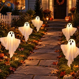 May include: Five illuminated white ghost decorations with black oval eyes and mouths are positioned along a stone walkway. Each ghost features a draped fabric appearance and is mounted on a stake, glowing from within to create a bright display.
