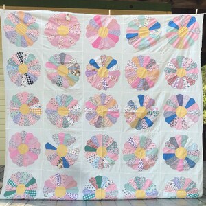 Vintage Handcrafted Feed Sack Quilt Top Blue Pink Green Yellow Beige Farmhouse Size 84 x 82 image 3