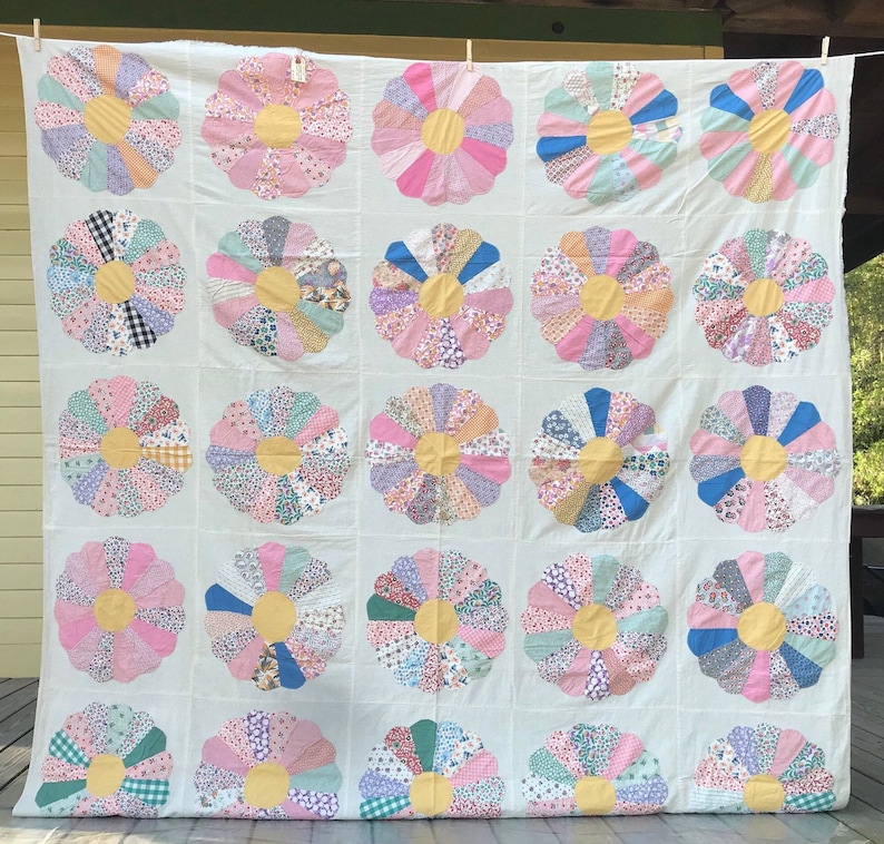 Vintage Handcrafted Feed Sack Quilt Top Blue Pink Green Yellow Beige Farmhouse Size 84 x 82 image 3