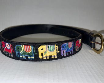 Vintage Elephant Needlepoint Belt Black Leather Preppy Size 31 Vintage black label elephant - Gem main image 2