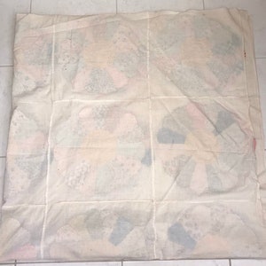 Vintage Handcrafted Feed Sack Quilt Top Blue Pink Green Yellow Beige Farmhouse Size 84 x 82 image 8