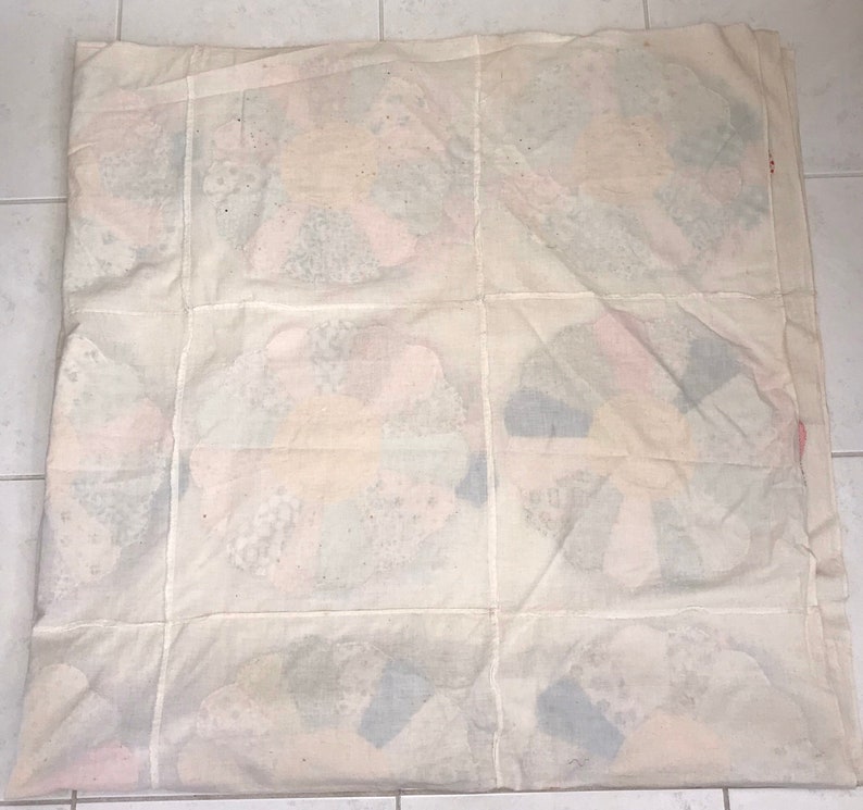 Vintage Handcrafted Feed Sack Quilt Top Blue Pink Green Yellow Beige Farmhouse Size 84 x 82 image 8